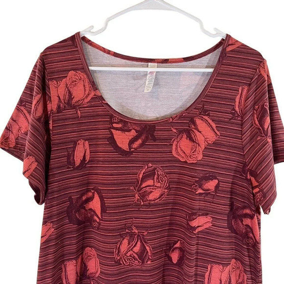 LulaRoe Multi Pattern T Shirt Plus 2XL Striped Rose Flowers Short Sleeve Purple - Picture 3 of 5